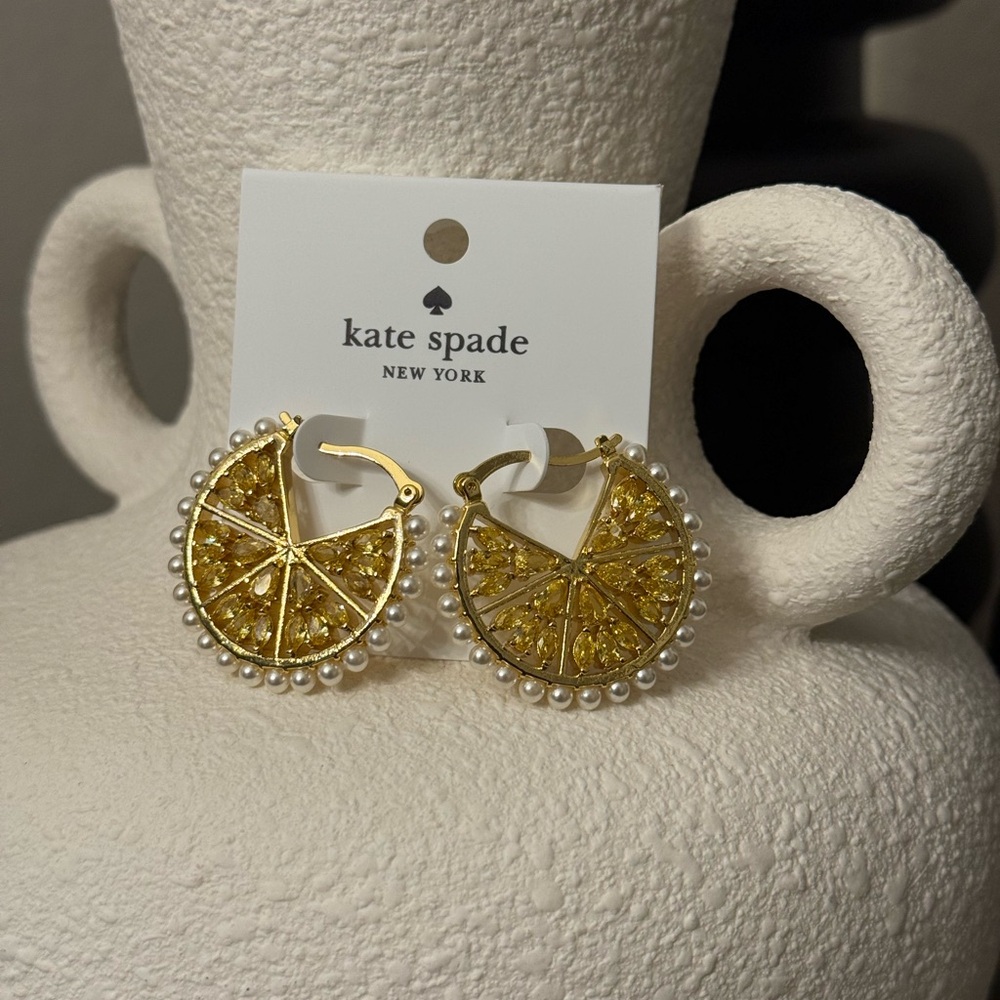 Kate Spade Fresh Squeeze Lemon Slice Summer Citrus Gold and Pearl Hoop Earrings